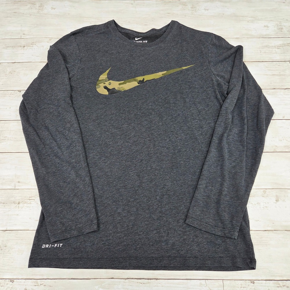 Nike Long Sleeve Men S Charcoal Grey Dri-FIT Camo Swoosh Tee AH2351-032 Athletic